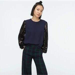 J.Crew Navy Top with Black Sequin Statement Sleeves | XXS | NWT